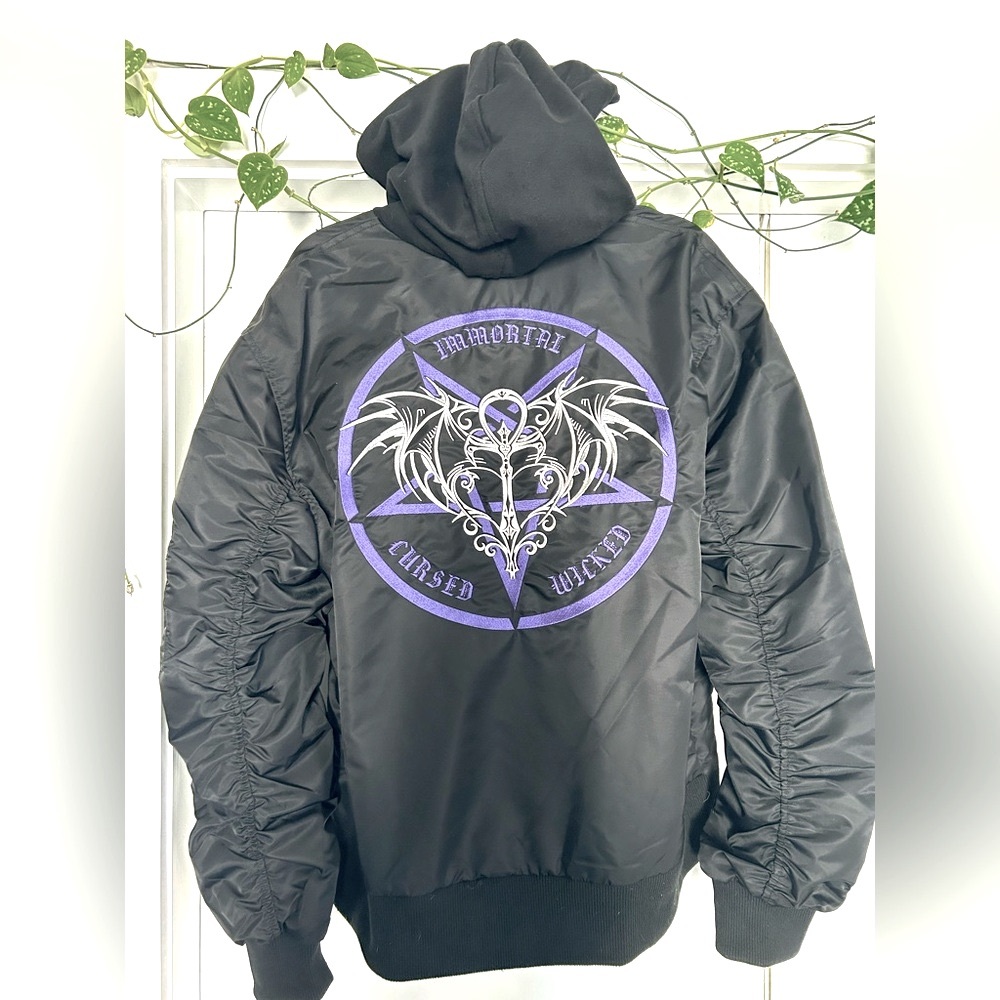 Dolls Kill WIDOW Wicked Immortal Black and Purple Bomber Jacket